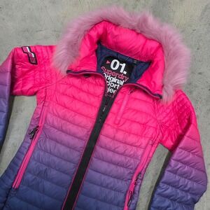 Superdry Original Sport Project Ombre Puffer Jacket Pink Blue Faux Fur Hood